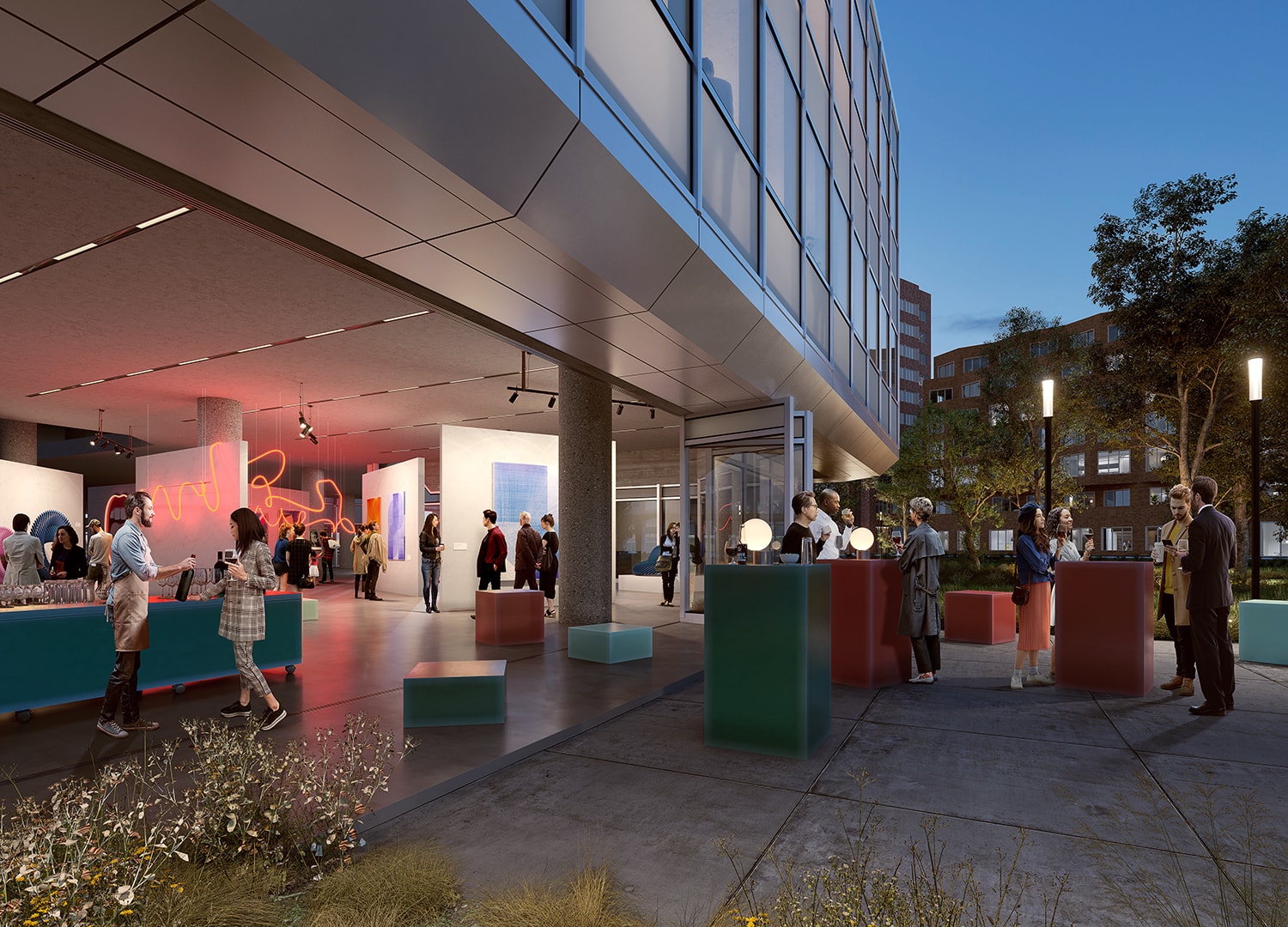 People socialising around Think District building